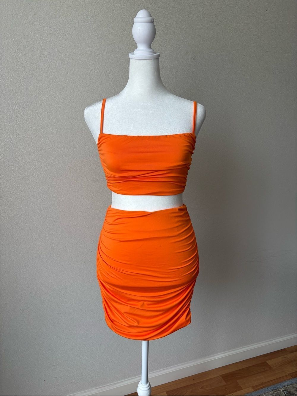 Orange Ruched 2-Piece Knit Set Crop Top & Mini Skirt Size S Straight Neck
